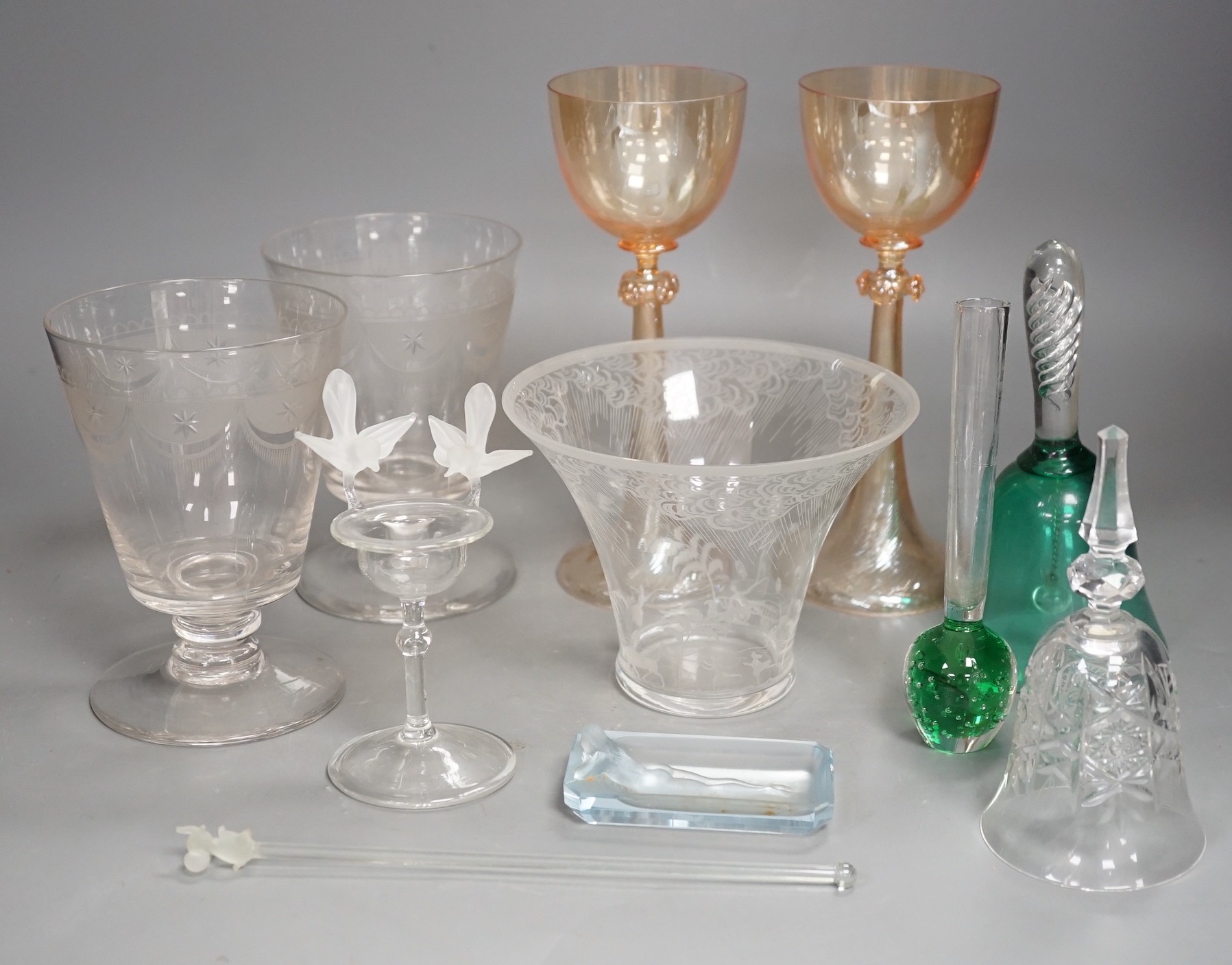 Two Venetian lustre glass goblets, a pair of rummers and sundry glassware, goblets 20cm high